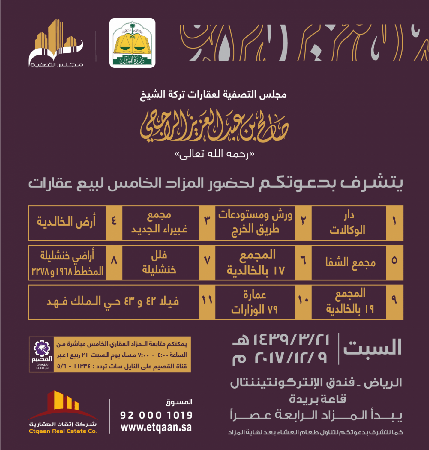 المزاد الخامس لتصفية تركة الشيخ صالح الراجحي يواصل نجاحه ويبيع 7 عقارات بقيمة إجمالية تجازوت 194.5 مليون ريال