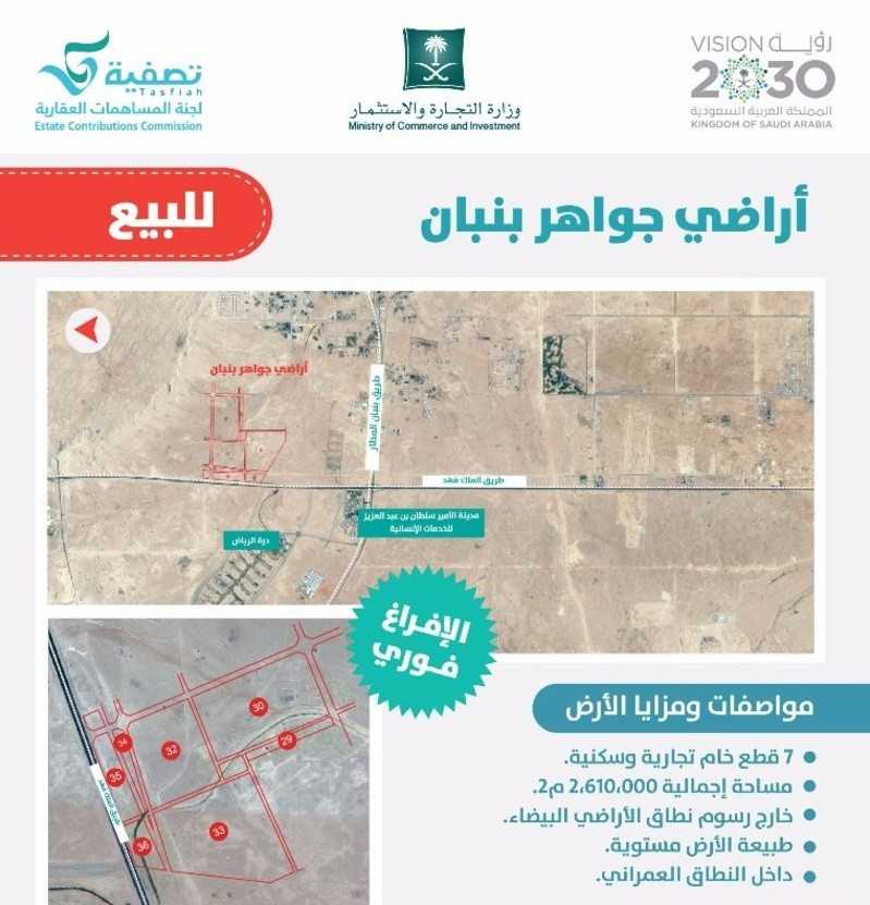 تشمل 7 قطع خام (تجاري وسكني).. لجنة المساهمات العقارية تطرح أراضي جواهر بنبان للبيع المباشر