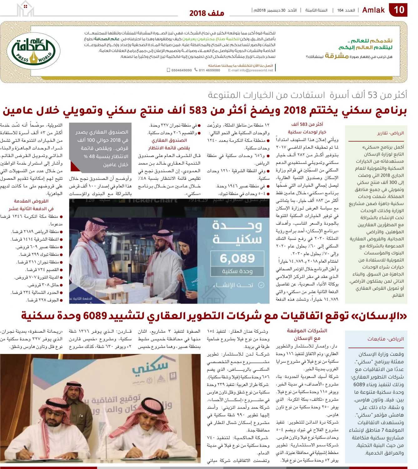 أكثر من 53 ألف أسرة  استفادت من الخيارات المتنوعة..  برنامج سكني يختتم 2018 ويضخ أكثر من 583 ألف منتج سكني وتمويلي خلال عامين