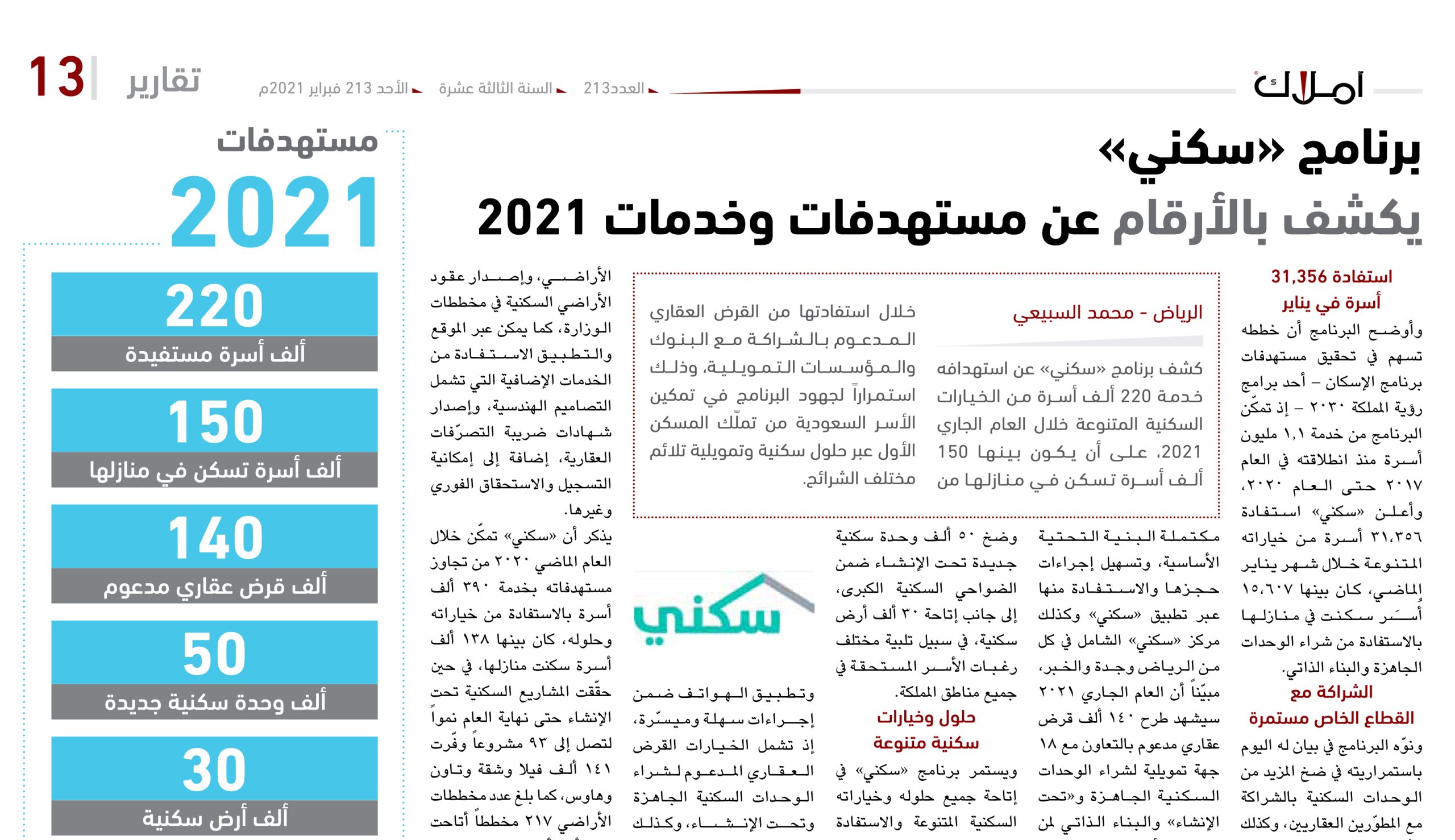 برنامج «سكني»  يكشف بالأرقام عن مستهدفات وخدمات 2021