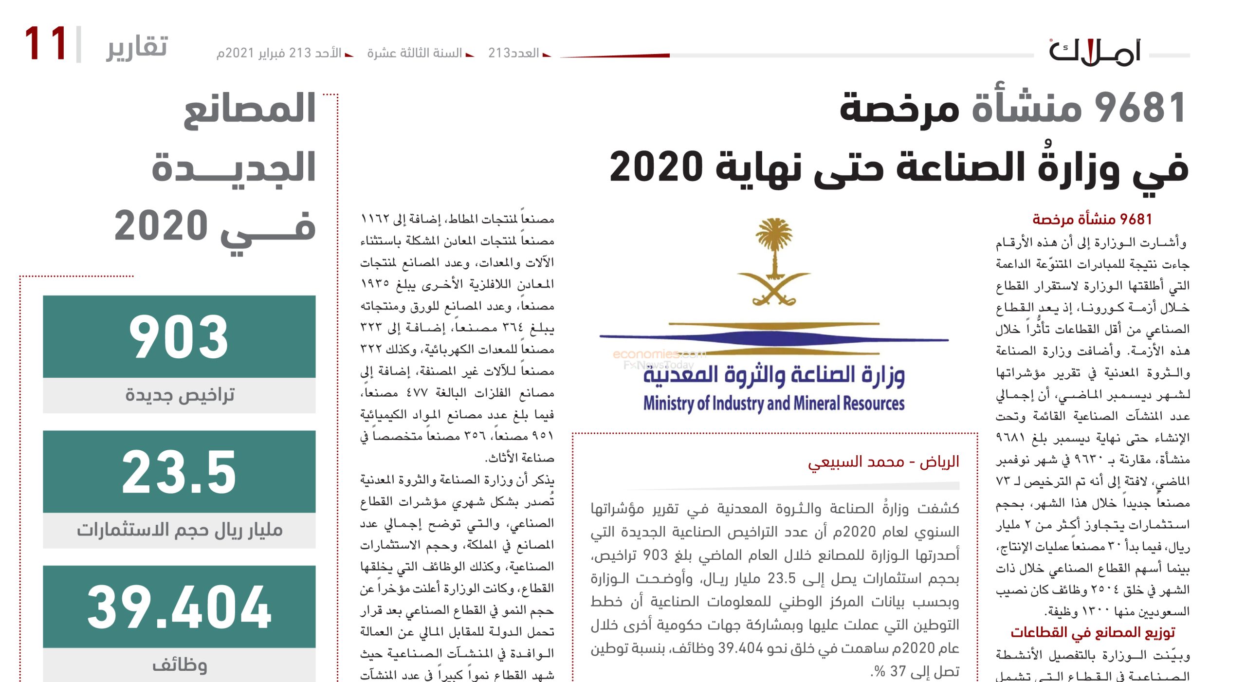 9681 منشأة مرخصة في وزارةُ الصناعة حتى نهاية 2020