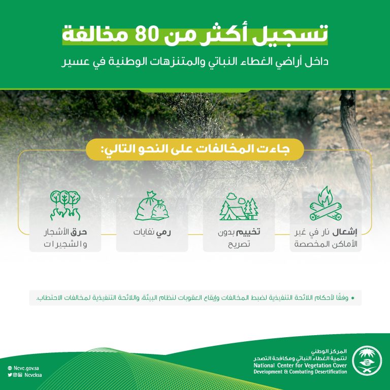 83 مخالفة إضرار بيئية داخل أراضي الغطاء النباتي في منطقة عسير