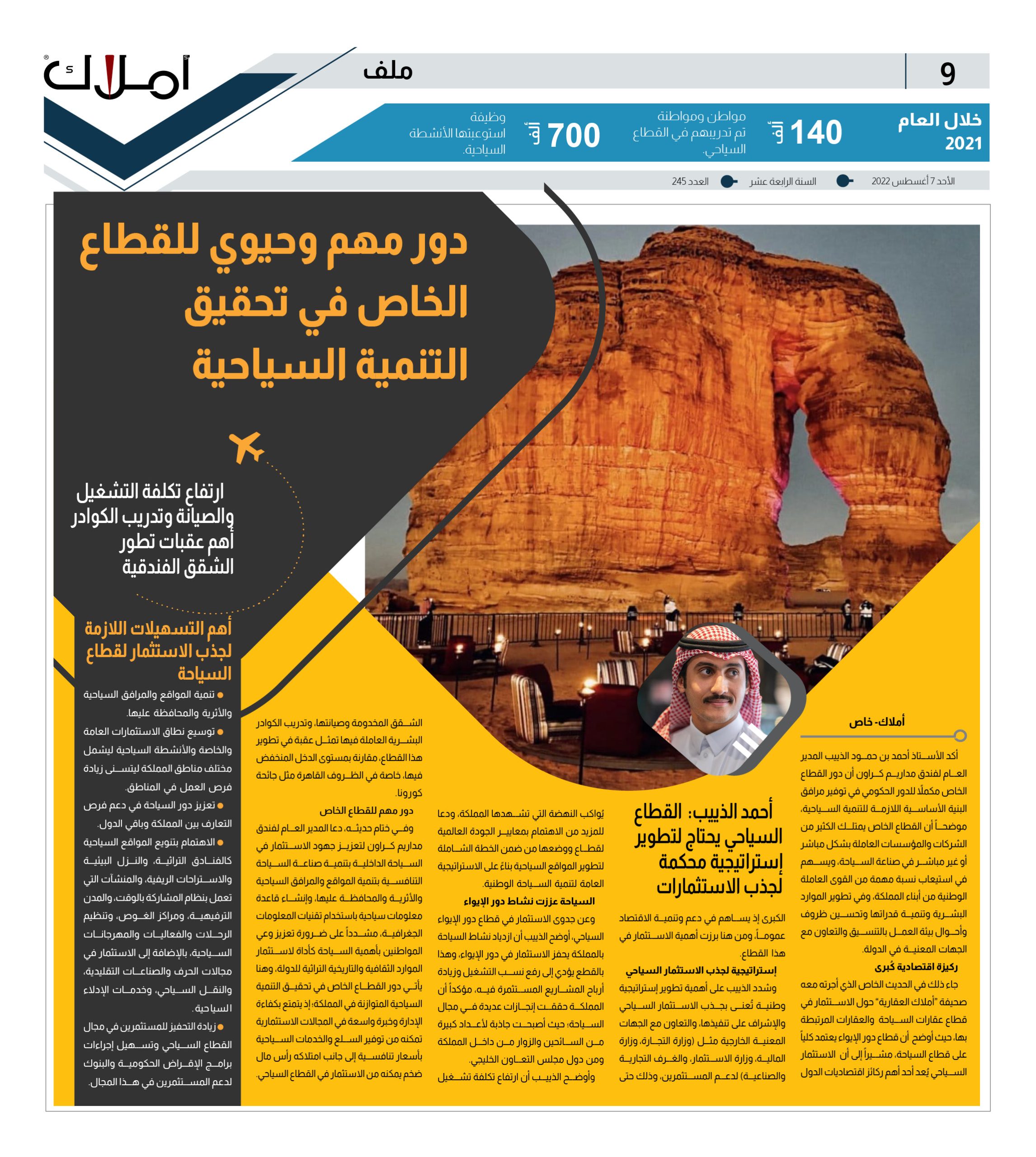 أحمد الذييب:  القطاع السياحي يحتاج لتطوير إستراتيجية محكمة لجذب الاستثمارات