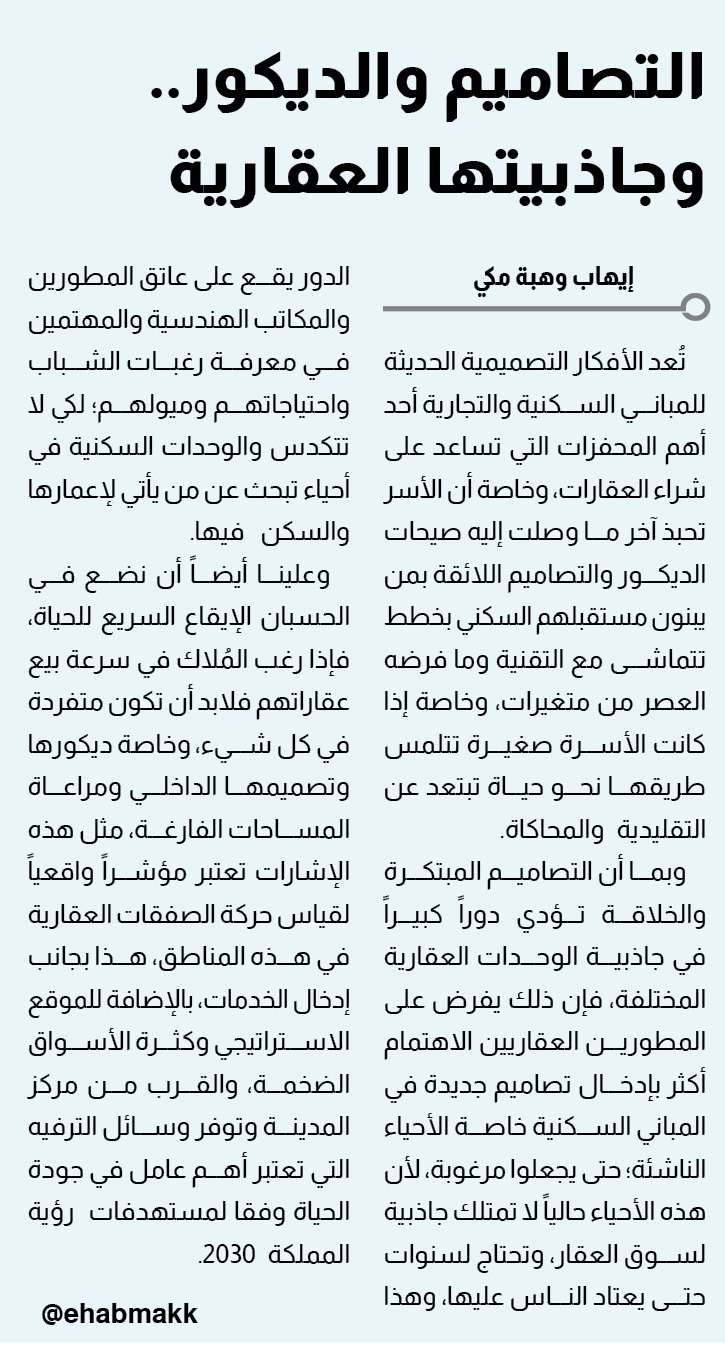 مقالات أملاك.. إيهاب مكي يكتب: التصاميم والديكور.. وجاذبيتها العقارية