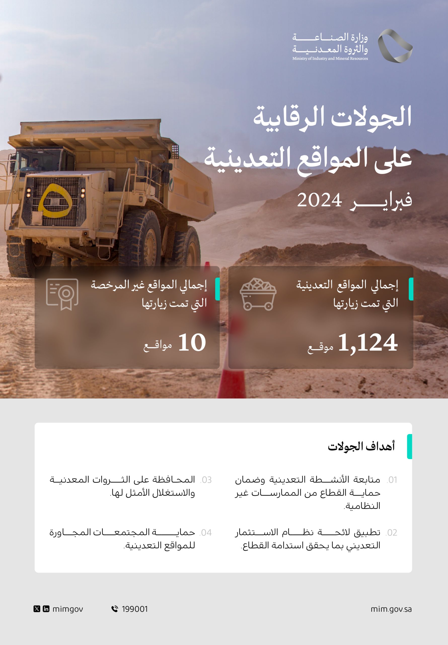 الصناعة تنفّذ 1124 جولة رقابية على المواقع التعدينية في فبراير الماضي