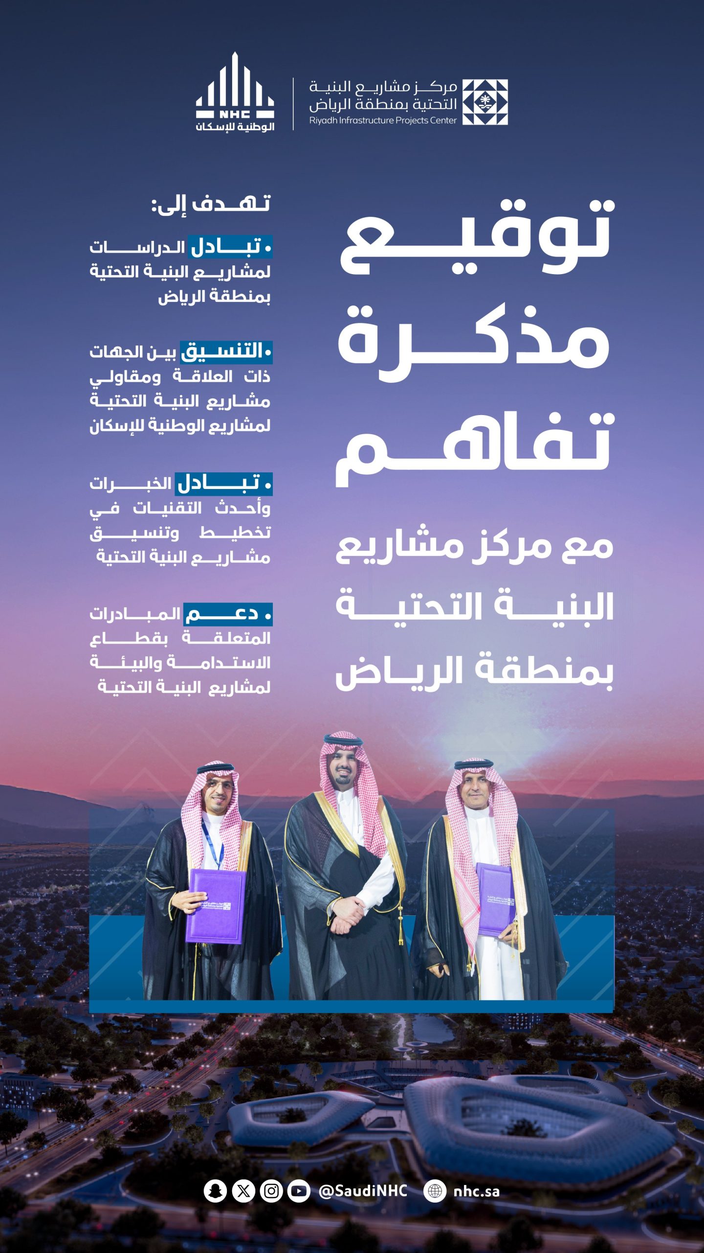 “الوطنية للإسكان” توقّع مذكرة تفاهم مع مركز مشاريع البنية التحتية بالرياض