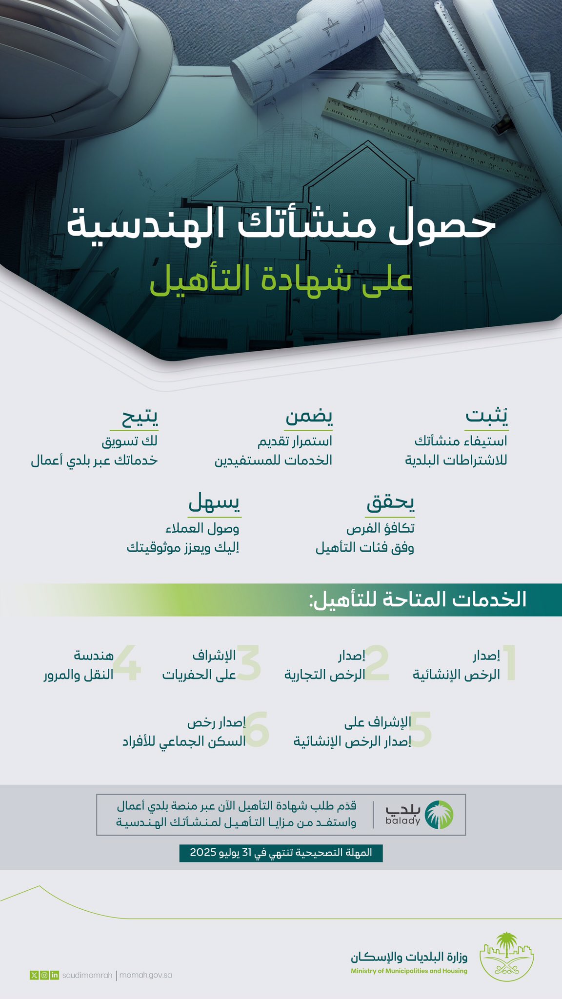 “البلديات والإسكان” تُطلق خدمة تأهيل المنشآت الهندسية