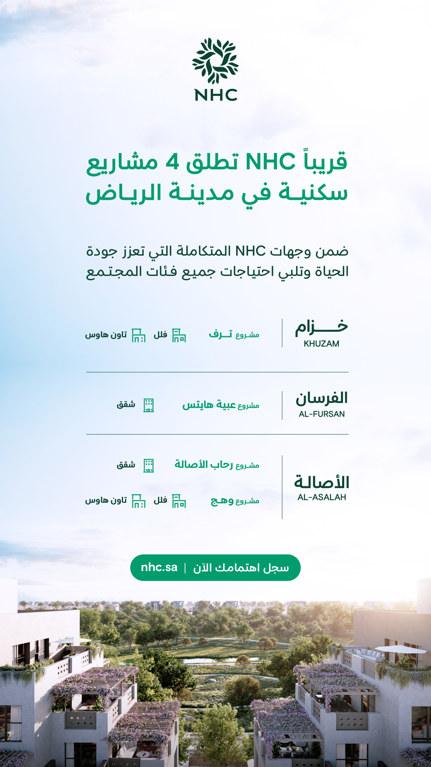 NHC تعلن قرب إطلاق 4 مشاريع سكنية جديدة تعزز جودة الحياة في الرياض