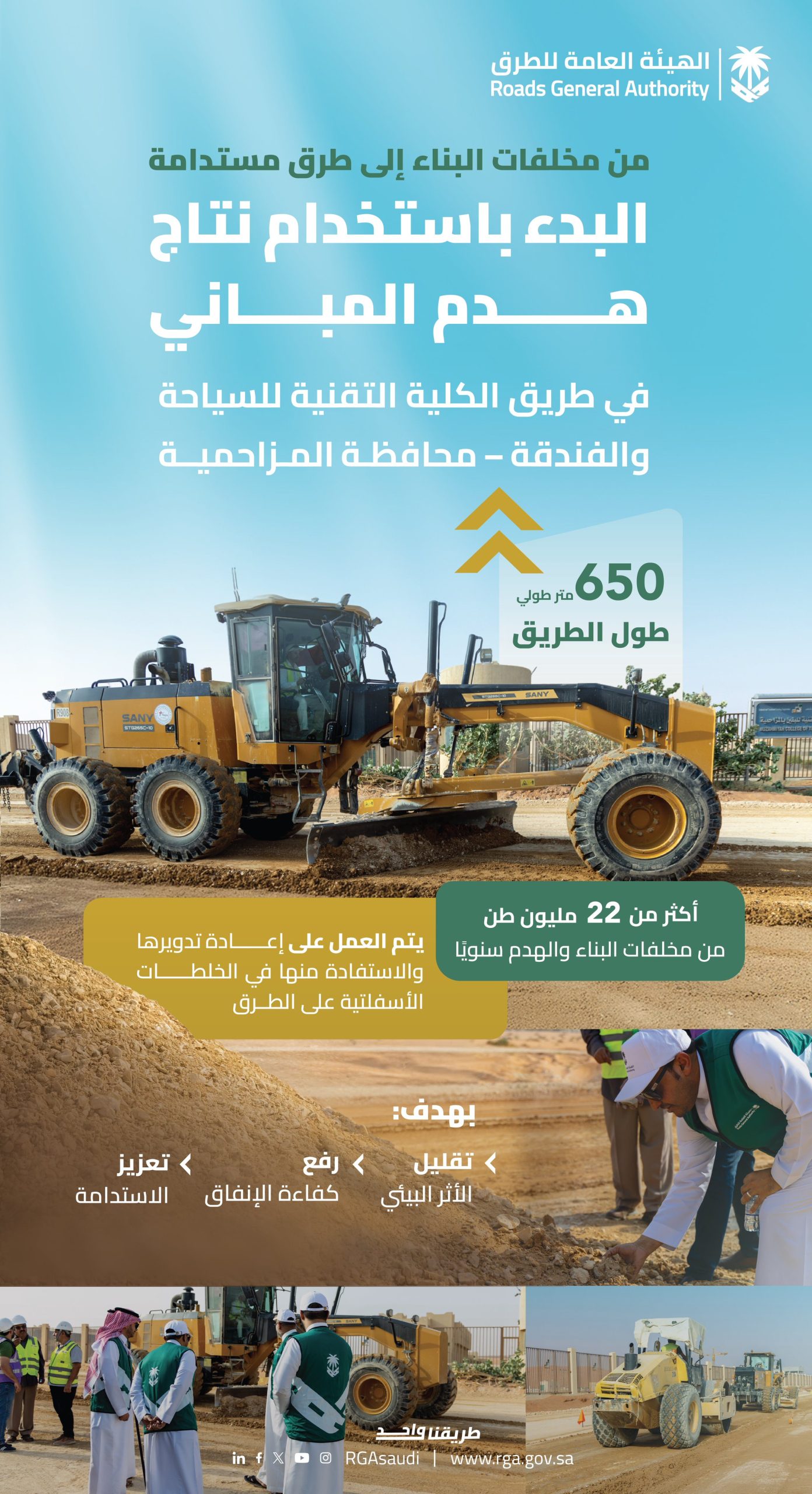 الهيئة العامة للطرق تواصل استخدام ناتج هدم المباني بمحافظة المزاحمية