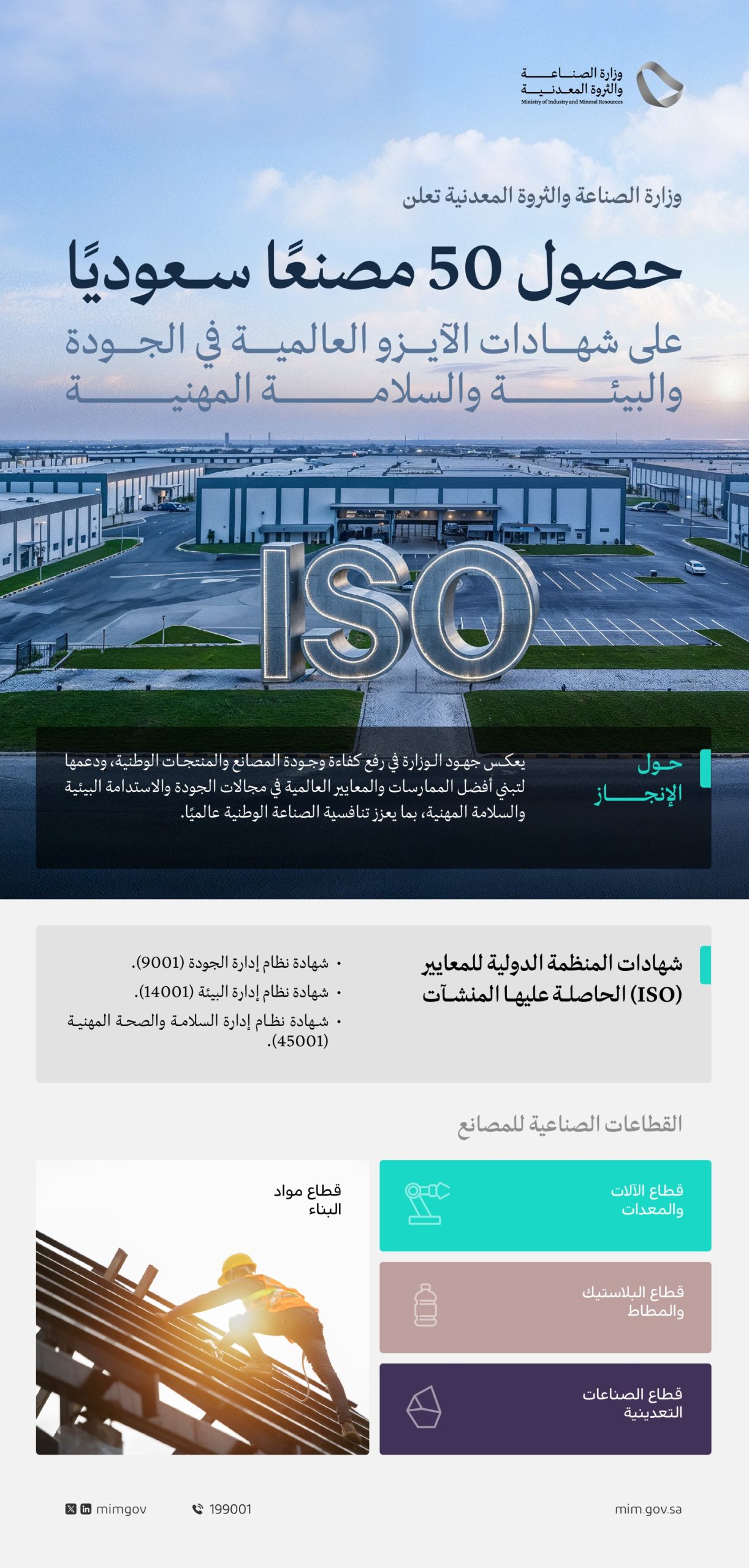 حصول 50 مصنعًا سعوديًا على شهادات الآيزو العالمية في الجودة والبيئة والسلامة المهنية